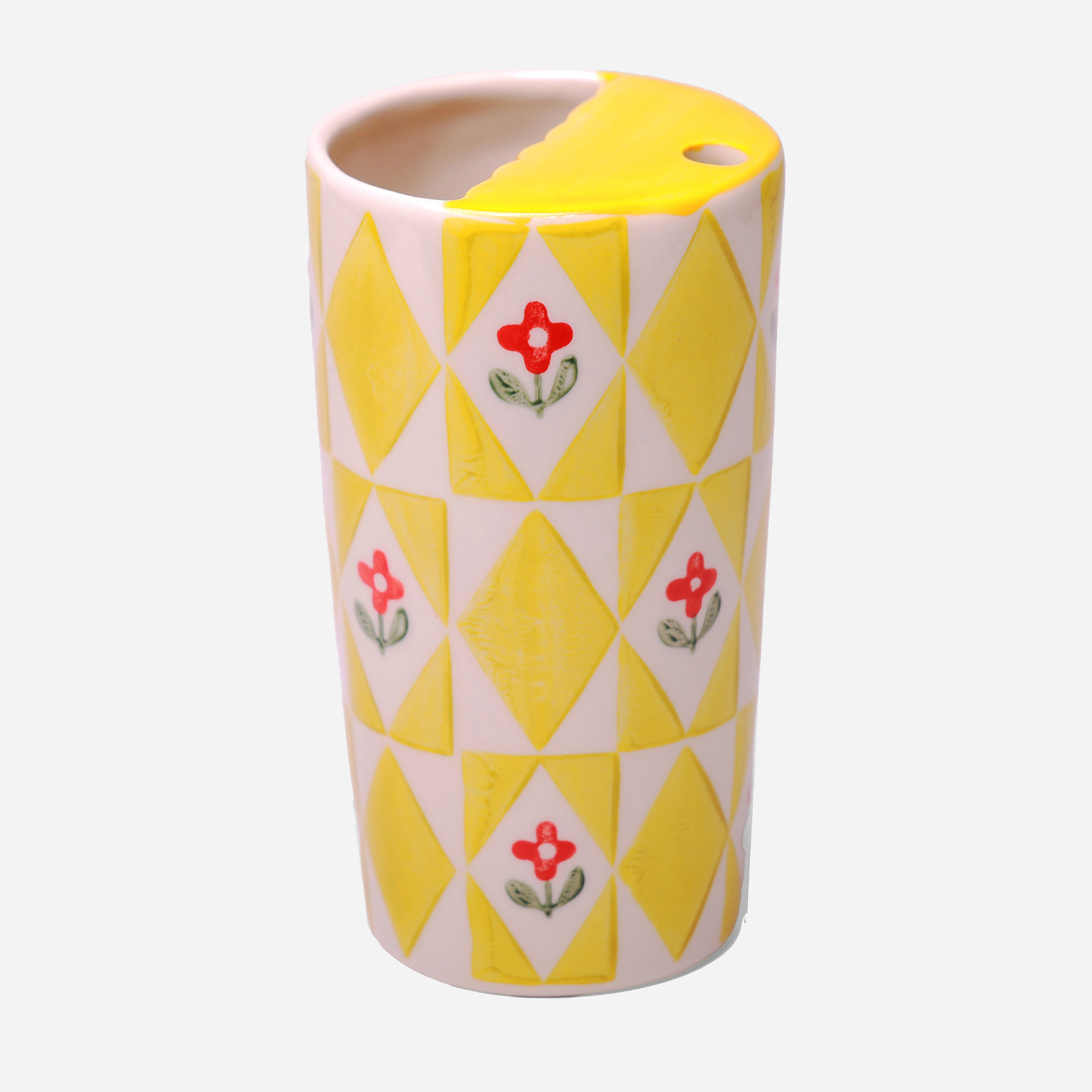 Ceramic Travel Coffee Tumbler,  Yellow Flower, 16 oz